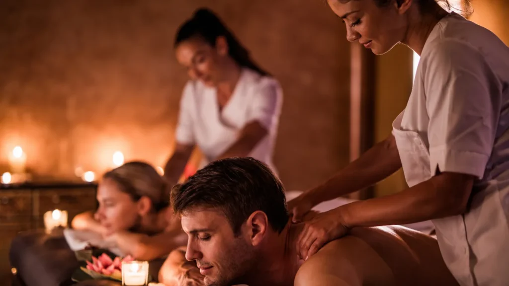 Private spa suite with candles and rose petals