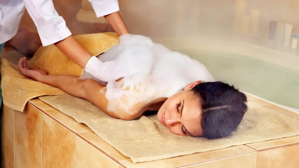 Private spa for couples in traditional marble room