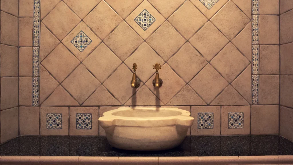Couple enjoying romantic hammam with rose petals