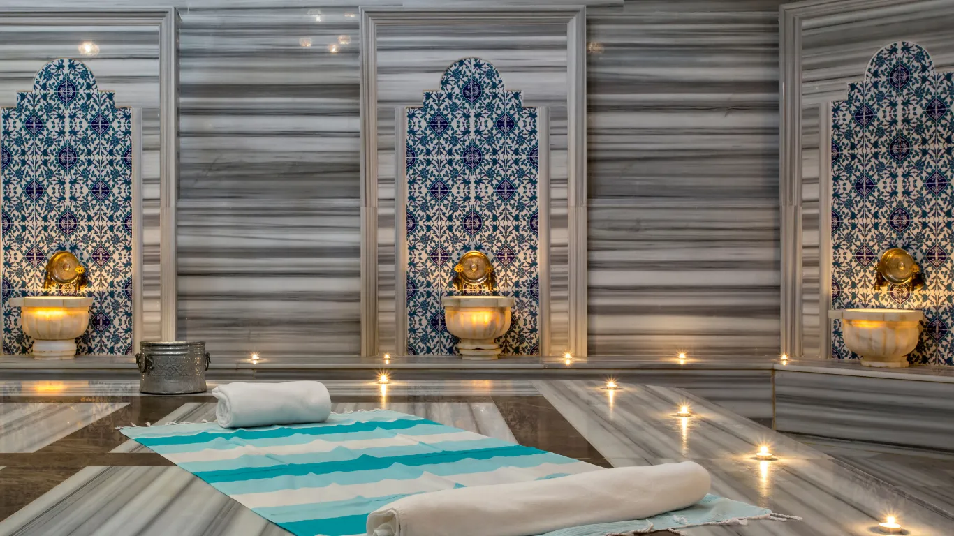 Traditional Turkish bath marble interior at Victory Spa