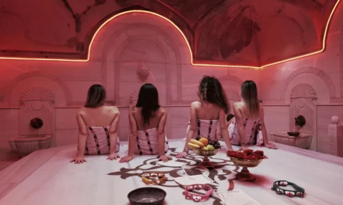 Marble Turkish hammam interior with steam