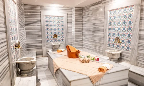 Traditional Turkish hammam marble interior at Victory Spa