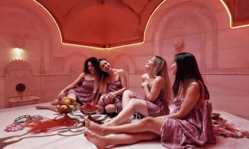 Luxury marble hammam suite with candles in Istanbul