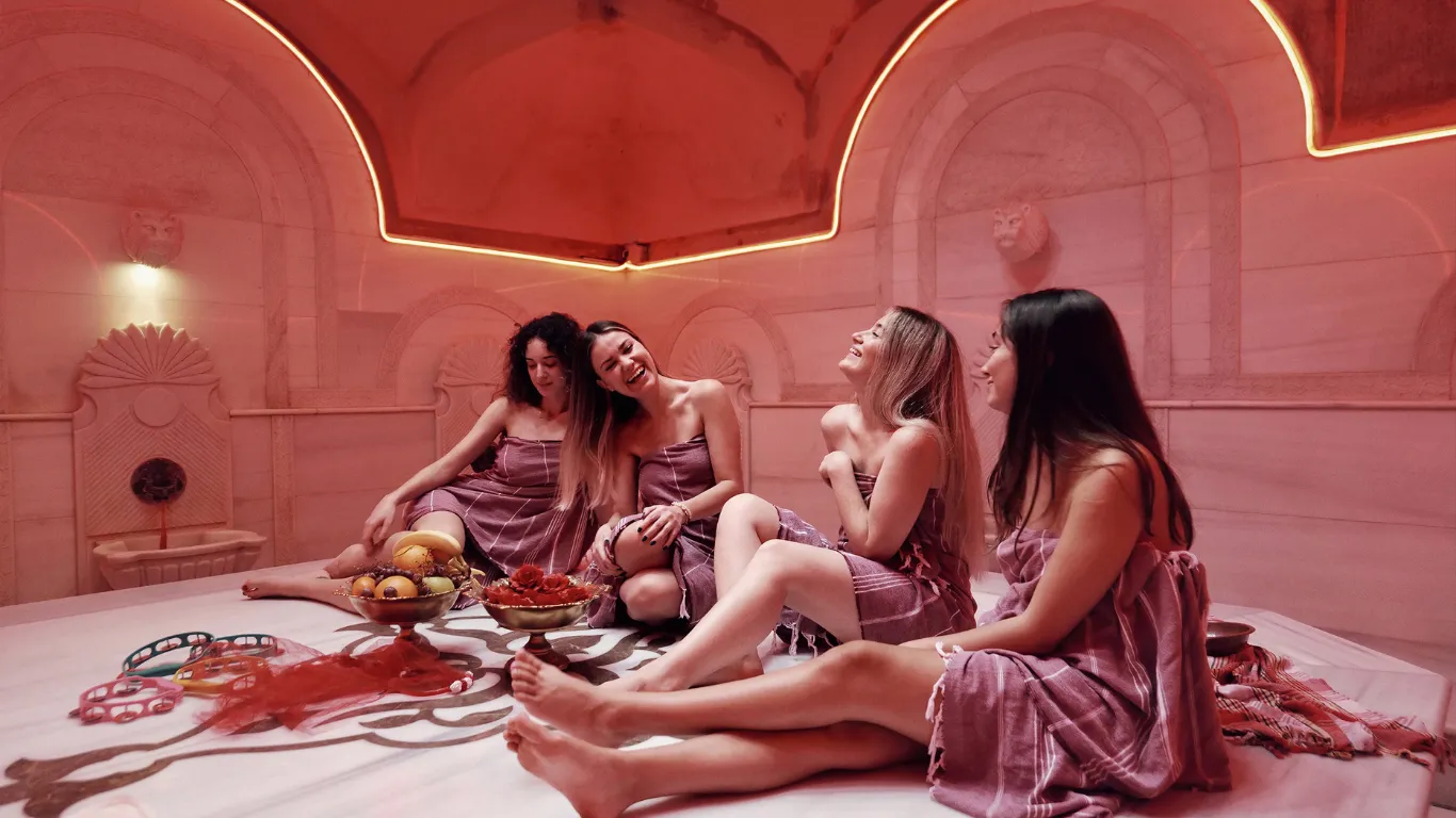 Luxury marble hammam suite with candles in Istanbul