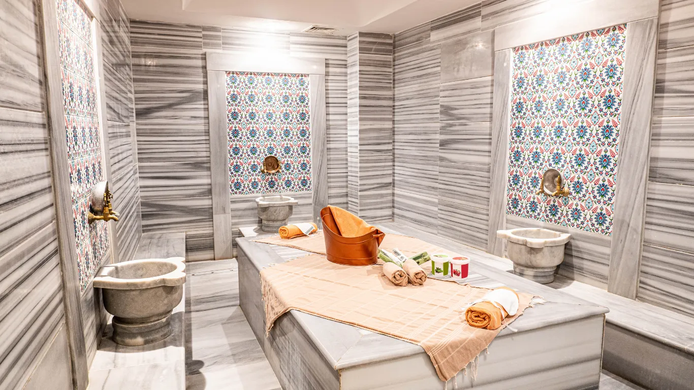 Marble interior of a traditional Turkish bath in Istanbul.